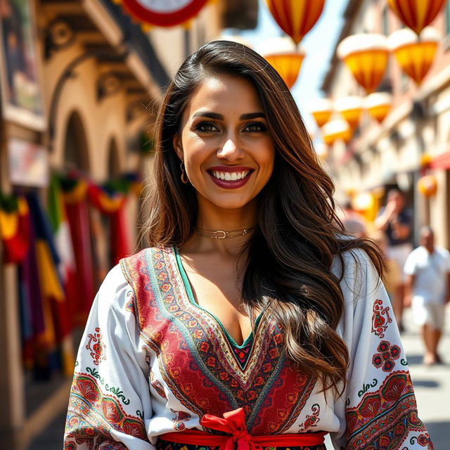 A charming Spanish woman in her 30s, dressed in stylish, colorful traditional clothing that reflects the vibrant culture of Spain