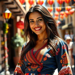 A charming Spanish woman in her 30s, dressed in stylish, colorful traditional clothing that reflects the vibrant culture of Spain