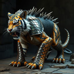 A formidable sabre-toothed tiger inspired feline, approximately 3 meters in length