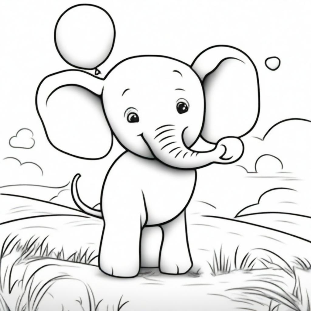 A coloring book page featuring a charming scene of a joyous baby elephant gleefully playing with a bouncy balloon against a backdrop of a sunny savannah