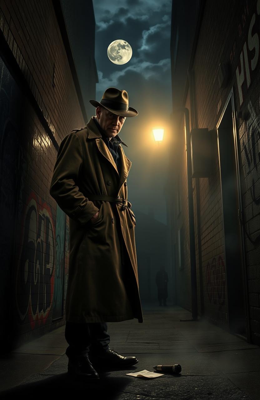 A gripping thriller crime fiction scene featuring a seasoned detective with a trench coat and fedora, standing in a dimly lit alleyway filled with shadows and mist