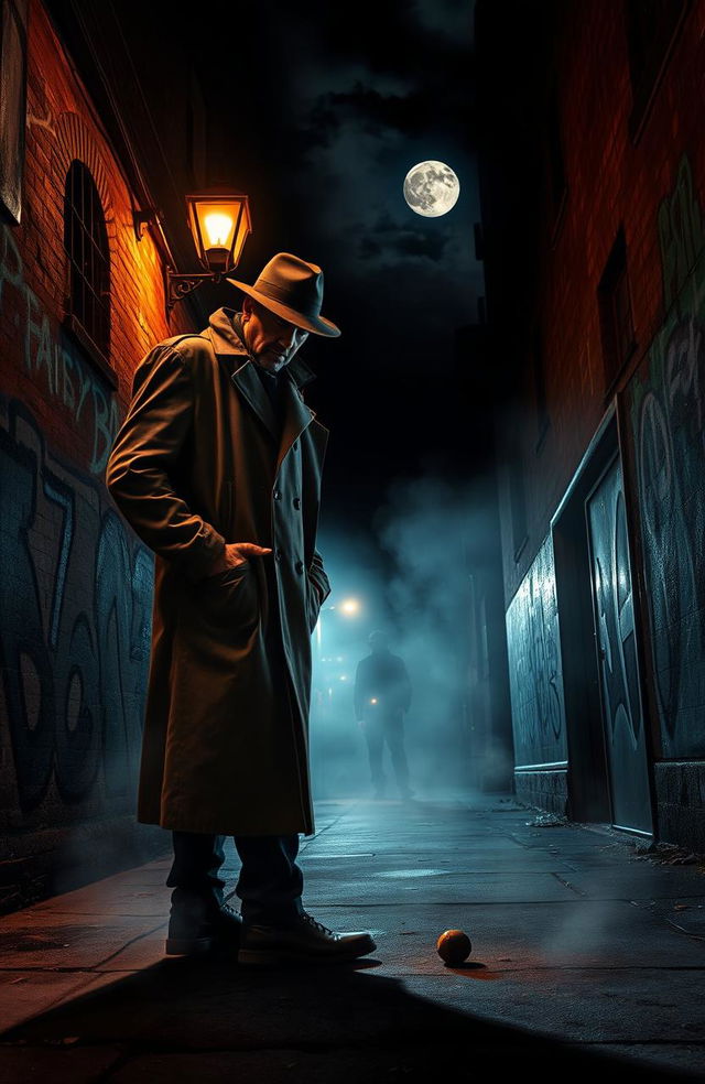 A gripping thriller crime fiction scene featuring a seasoned detective with a trench coat and fedora, standing in a dimly lit alleyway filled with shadows and mist