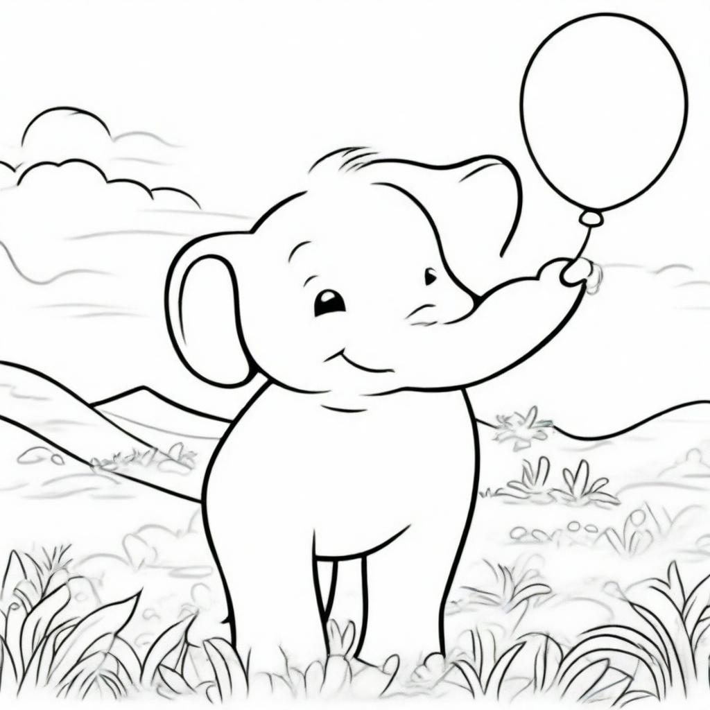 A coloring book page featuring a charming scene of a joyous baby elephant gleefully playing with a bouncy balloon against a backdrop of a sunny savannah