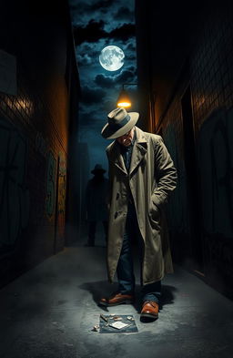 A gripping thriller crime fiction scene featuring a seasoned detective with a trench coat and fedora, standing in a dimly lit alleyway filled with shadows and mist
