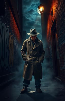 A gripping thriller crime fiction scene featuring a seasoned detective with a trench coat and fedora, standing in a dimly lit alleyway filled with shadows and mist