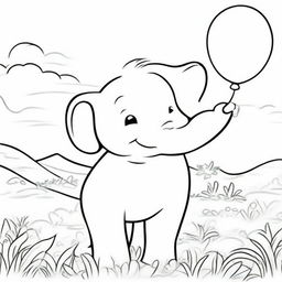 A coloring book page featuring a charming scene of a joyous baby elephant gleefully playing with a bouncy balloon against a backdrop of a sunny savannah