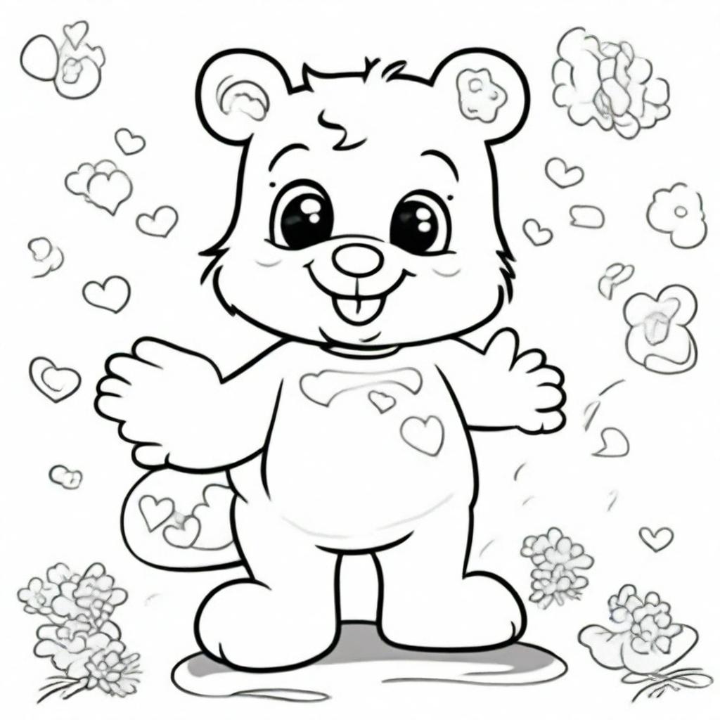 A coloring book page capturing a sassy Care Bear with an impish grin, striking a cheeky pose, and ready to sprinkle some fun-filled mischief