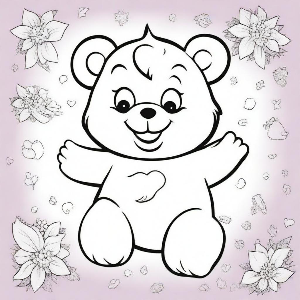 A coloring book page capturing a sassy Care Bear with an impish grin, striking a cheeky pose, and ready to sprinkle some fun-filled mischief