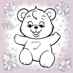 A coloring book page capturing a sassy Care Bear with an impish grin, striking a cheeky pose, and ready to sprinkle some fun-filled mischief