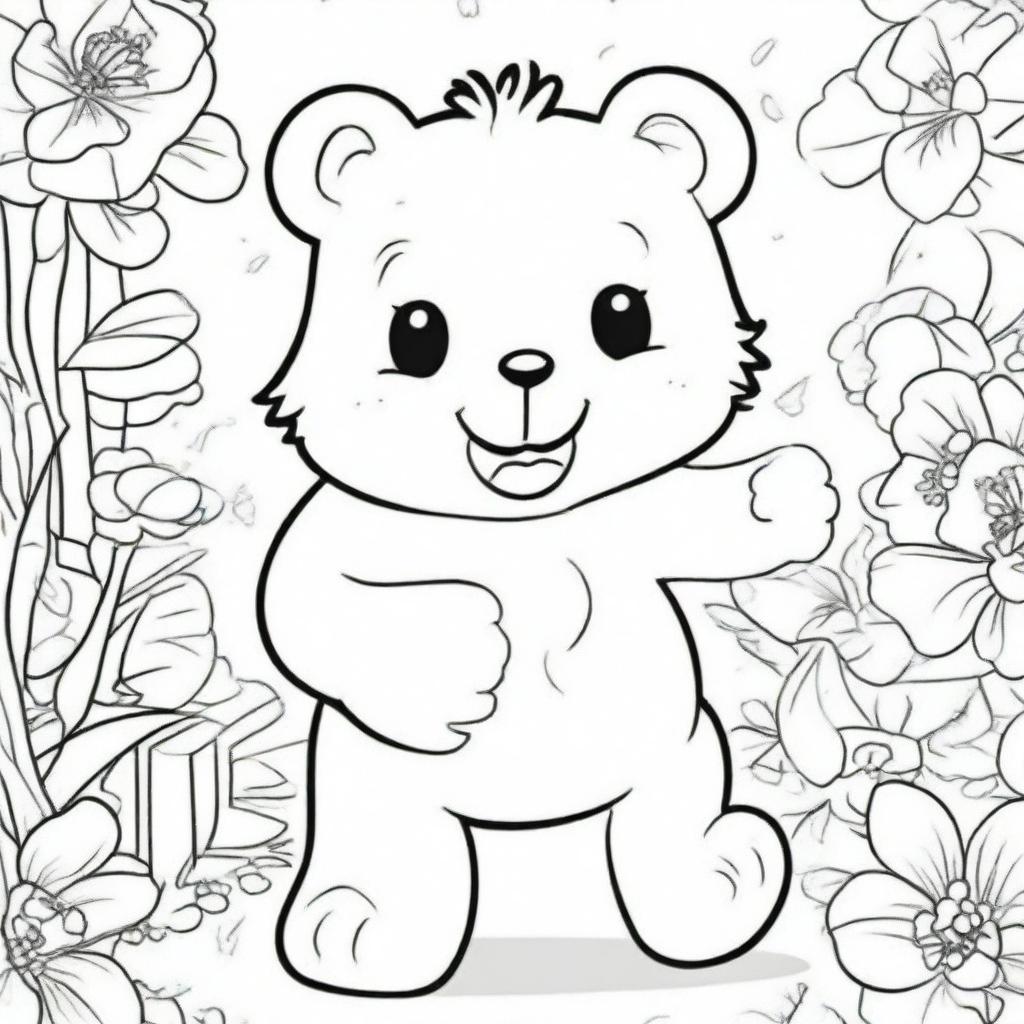 A coloring book page capturing a sassy Care Bear with an impish grin, striking a cheeky pose, and ready to sprinkle some fun-filled mischief