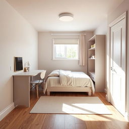 A stylish youth bedroom measuring 14 square meters, featuring a right-side door upon entry