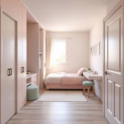 A stylish youth bedroom measuring 14 square meters, featuring a right-side door upon entry