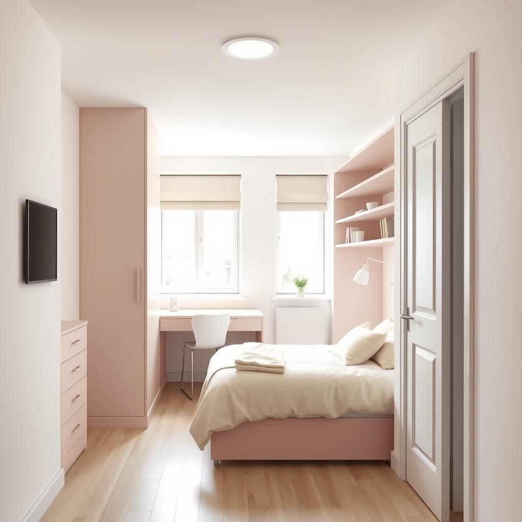 A stylish youth bedroom measuring 14 square meters, featuring a right-side door upon entry