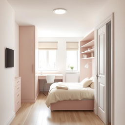 A stylish youth bedroom measuring 14 square meters, featuring a right-side door upon entry