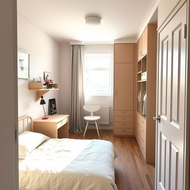 A stylish youth bedroom measuring 14 square meters, featuring a right-side door upon entry