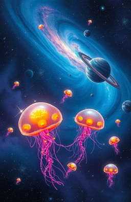 A surreal image depicting a cosmic infection, illustrating a vast space scene where vibrant, glowing spores are spreading through the cosmos