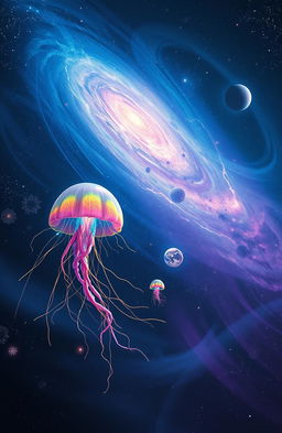 A surreal image depicting a cosmic infection, illustrating a vast space scene where vibrant, glowing spores are spreading through the cosmos