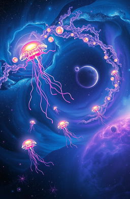 A surreal image depicting a cosmic infection, illustrating a vast space scene where vibrant, glowing spores are spreading through the cosmos