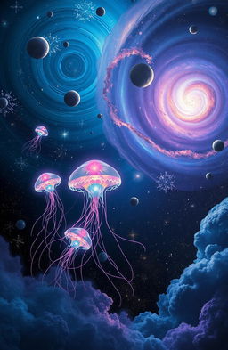 A surreal image depicting a cosmic infection, illustrating a vast space scene where vibrant, glowing spores are spreading through the cosmos