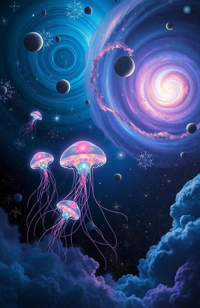 A surreal image depicting a cosmic infection, illustrating a vast space scene where vibrant, glowing spores are spreading through the cosmos