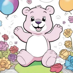 A coloring book page capturing a sassy Care Bear with an impish grin, striking a cheeky pose, and ready to sprinkle some fun-filled mischief