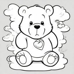 A coloring book page showing Grumpy Care Bear with his signature storm cloud belly badge, sitting with crossed arms and showing his trademark frown