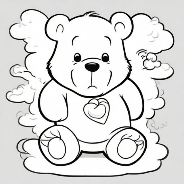 A coloring book page showing Grumpy Care Bear with his signature storm cloud belly badge, sitting with crossed arms and showing his trademark frown