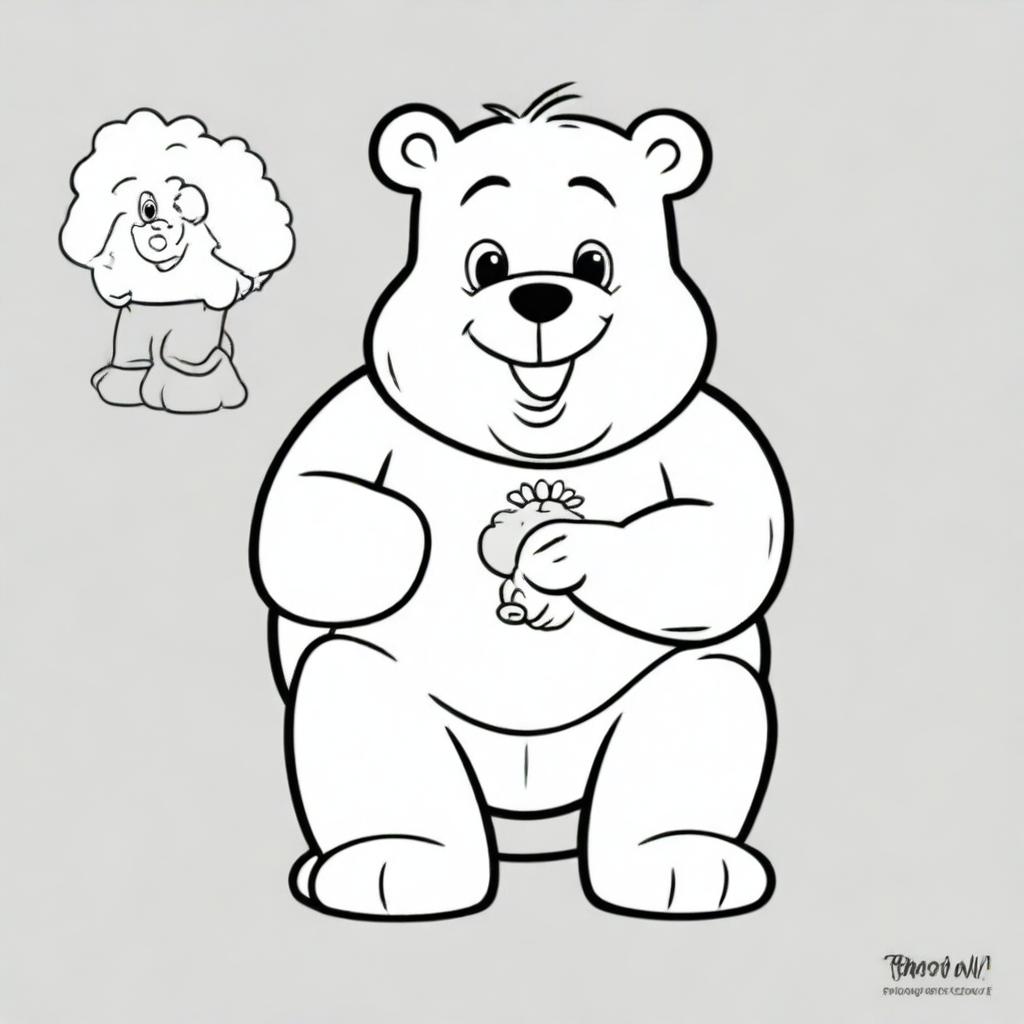 A coloring book page showing Grumpy Care Bear with his signature storm cloud belly badge, sitting with crossed arms and showing his trademark frown