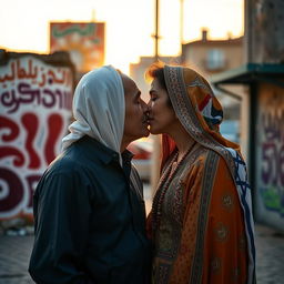 A tender moment of connection between two individuals, representing peace and unity, featuring an Israeli person and a Palestinian person sharing a gentle kiss in an urban setting