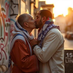 A tender moment of connection between two individuals, representing peace and unity, featuring an Israeli person and a Palestinian person sharing a gentle kiss in an urban setting