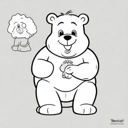 A coloring book page showing Grumpy Care Bear with his signature storm cloud belly badge, sitting with crossed arms and showing his trademark frown