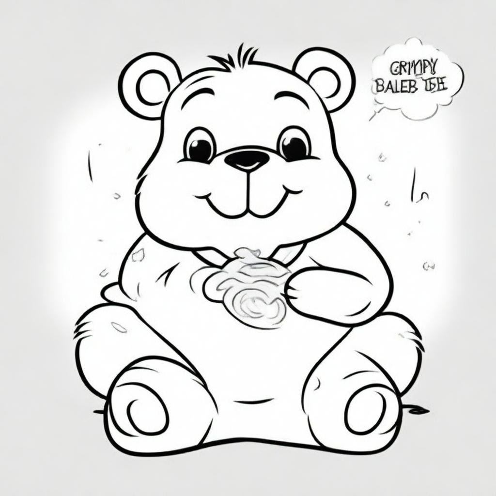 A coloring book page showing Grumpy Care Bear with his signature storm cloud belly badge, sitting with crossed arms and showing his trademark frown