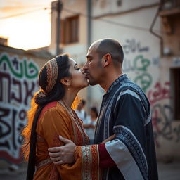 A tender moment of connection between two individuals, representing peace and unity, featuring an Israeli person and a Palestinian person sharing a gentle kiss in an urban setting