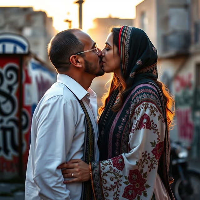 A tender moment of connection between two individuals, representing peace and unity, featuring an Israeli person and a Palestinian person sharing a gentle kiss in an urban setting