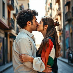 A peaceful and intimate scene showcasing a romantic kiss between an Israeli and a Palestinian in a serene urban setting