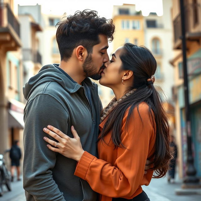 A peaceful and intimate scene showcasing a romantic kiss between an Israeli and a Palestinian in a serene urban setting