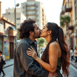 A peaceful and intimate scene showcasing a romantic kiss between an Israeli and a Palestinian in a serene urban setting