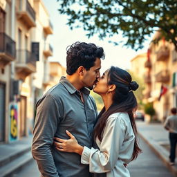 A peaceful and intimate scene showcasing a romantic kiss between an Israeli and a Palestinian in a serene urban setting