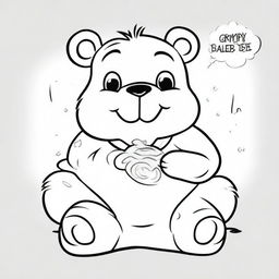 A coloring book page showing Grumpy Care Bear with his signature storm cloud belly badge, sitting with crossed arms and showing his trademark frown