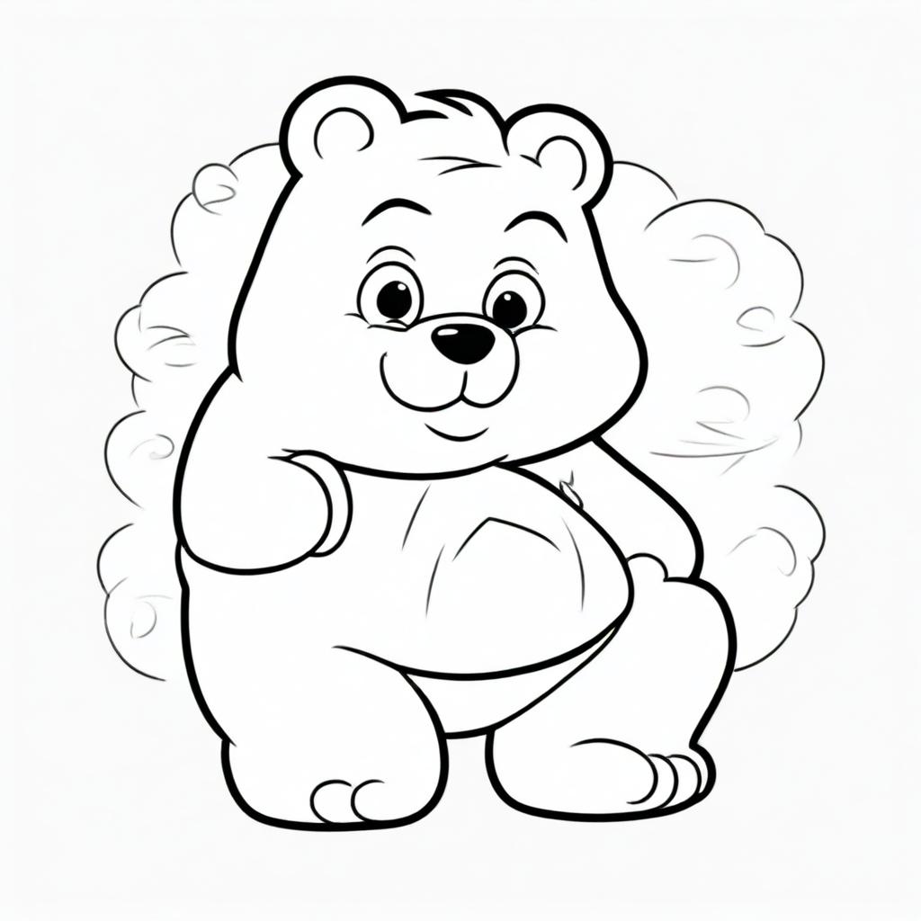 A coloring book page showing Grumpy Care Bear with his signature storm cloud belly badge, sitting with crossed arms and showing his trademark frown