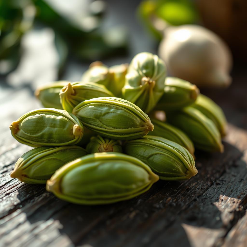 A visually stunning close-up of cardamom pods, showcasing their unique green hue and textured skin