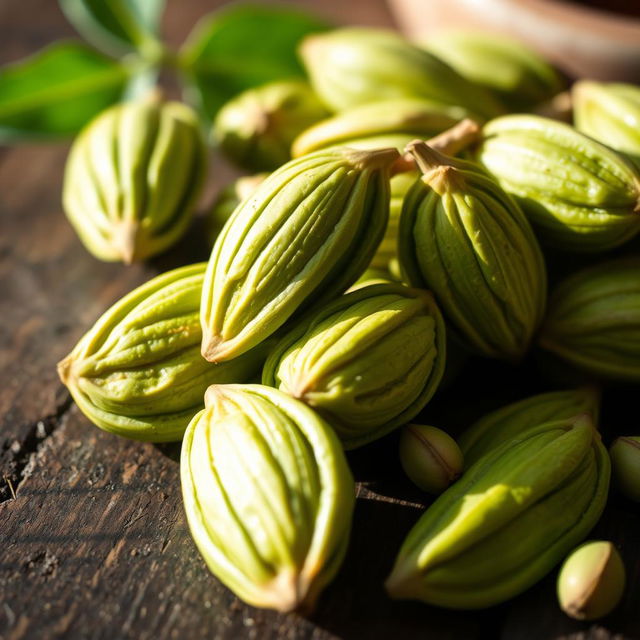 A visually stunning close-up of cardamom pods, showcasing their unique green hue and textured skin