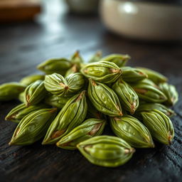 A visually stunning close-up of cardamom pods, showcasing their unique green hue and textured skin