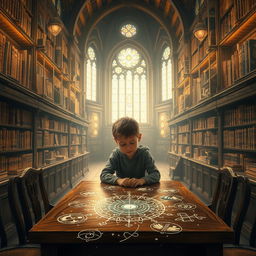 A young boy sitting at a wooden table in a magnificent heavenly library, surrounded by towering shelves filled with ancient books that emit a soft, ethereal glow