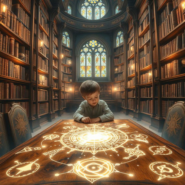 A young boy sitting at a wooden table in a magnificent heavenly library, surrounded by towering shelves filled with ancient books that emit a soft, ethereal glow