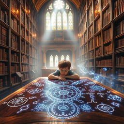 A young boy sitting at a wooden table in a magnificent heavenly library, surrounded by towering shelves filled with ancient books that emit a soft, ethereal glow