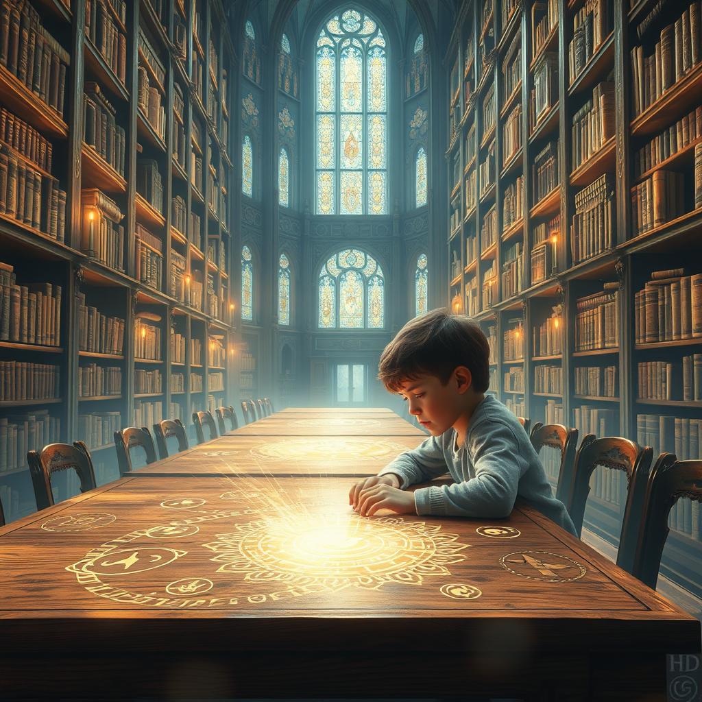 A young boy sitting at a wooden table in a magnificent heavenly library, surrounded by towering shelves filled with ancient books that emit a soft, ethereal glow