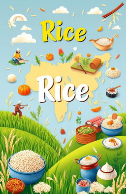 A vibrant and colorful illustration representing the theme of rice, showcasing the journey of rice from the paddy fields to various culinary delights across cultures