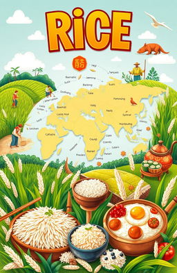 A vibrant and colorful illustration representing the theme of rice, showcasing the journey of rice from the paddy fields to various culinary delights across cultures