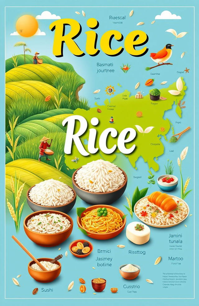 A vibrant and colorful illustration representing the theme of rice, showcasing the journey of rice from the paddy fields to various culinary delights across cultures